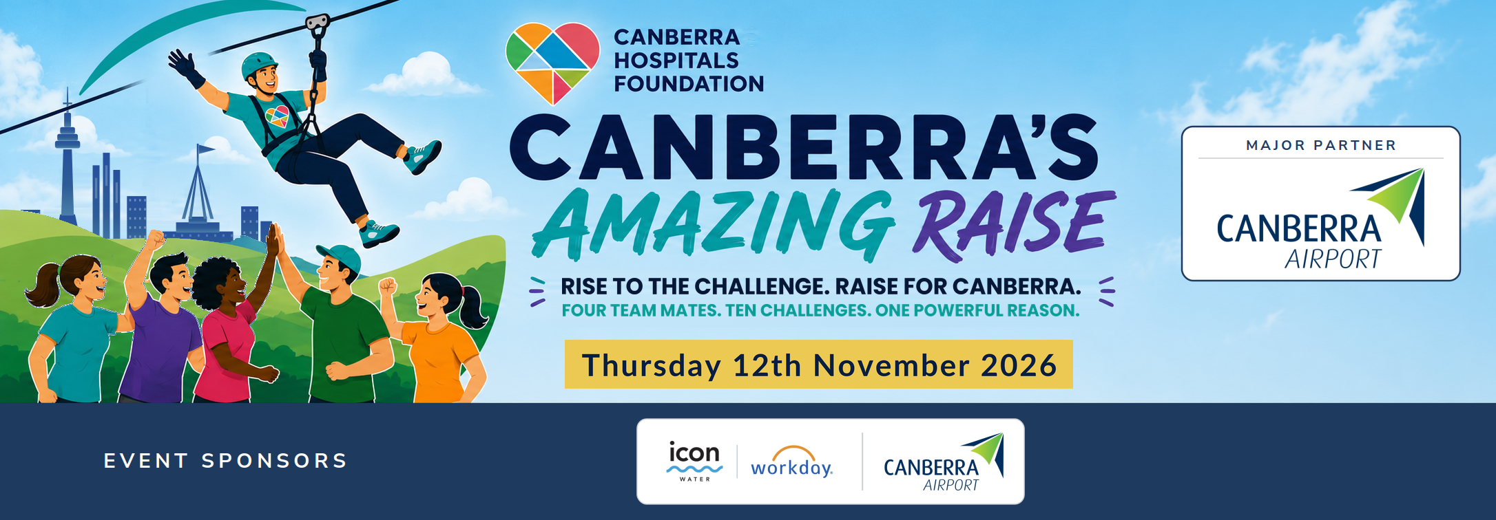 Canberra's Amazing Raise: a zipliner soaring over the Canberra skyline above a team high-fiving. Thursday 12th November 2026.