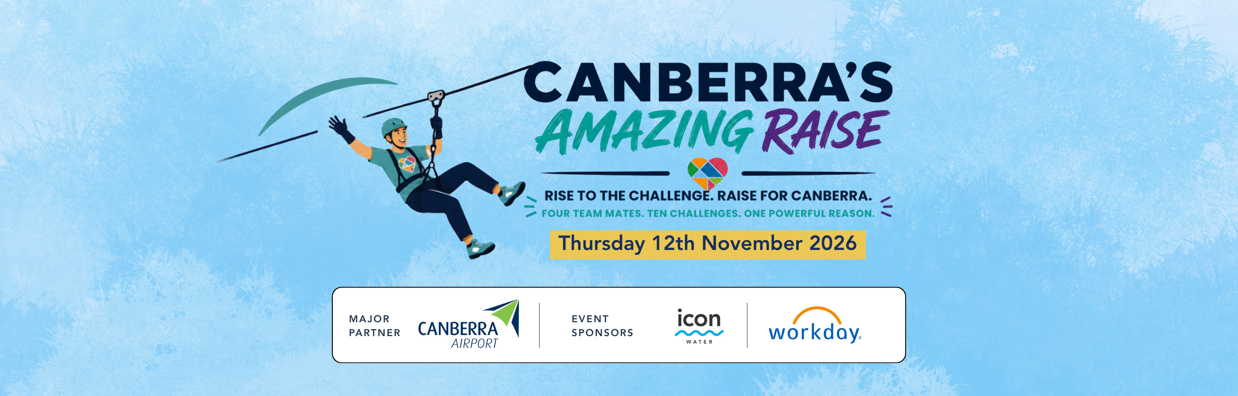 Canberra's Amazing Raise: a zipliner soaring above the Canberra skyline. Thursday 12th November 2026. Major partner Canberra Airport, event sponsors Icon Water and Workday.