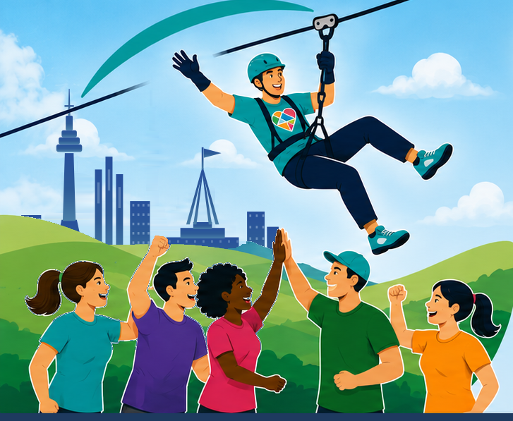 Illustration of a team high-fiving beneath a zipliner over the Canberra skyline.