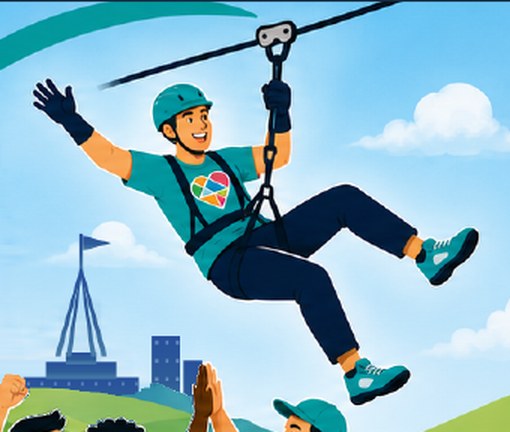 Illustration of a rider on the zip line, arm raised, above the Canberra skyline.